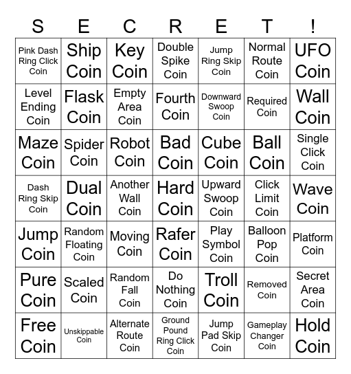 Geometry Dash User Coins Bingo Card
