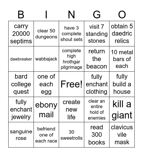 Veronica Skyrim Bingo Card
