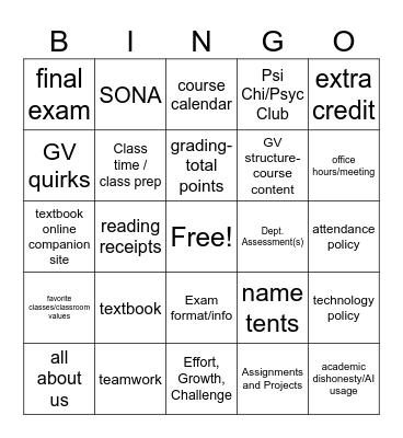 Course Intro and Info Fall 2026 Bingo Card