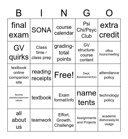 Course Intro and Info Fall 2026 Bingo Card