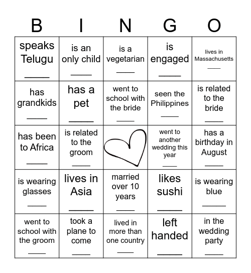 Get to know the guests Bingo Card