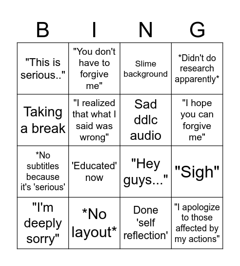 Ranter's apology Bingo Card