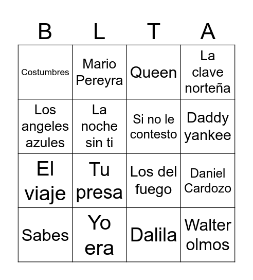 Bingo musical 1 #Zoe15 Bingo Card