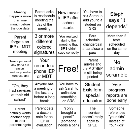 SPED Department Bingo Card