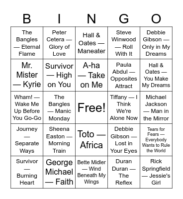 80's Pop Hits Bingo Card