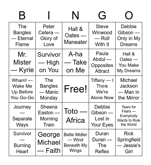 80's Pop Hits Bingo Card