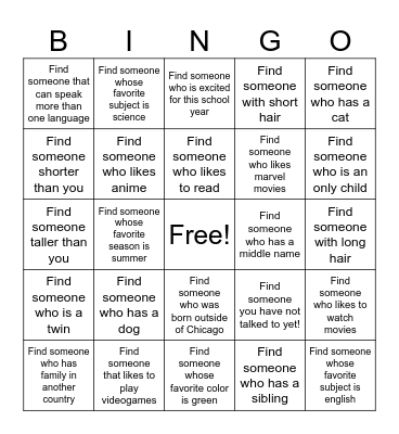 Get to know your classmates Bingo Card