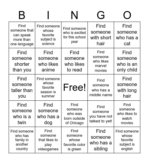Get to know your classmates Bingo Card