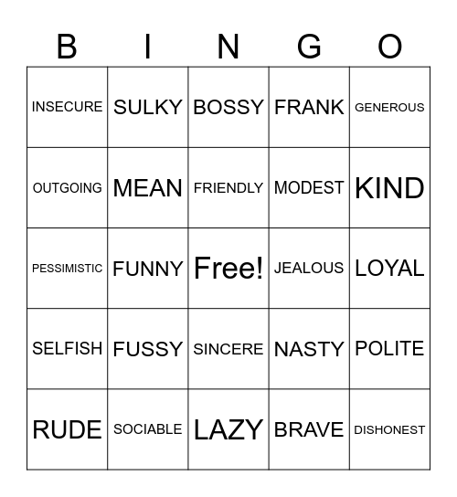 TRAITS Bingo Card