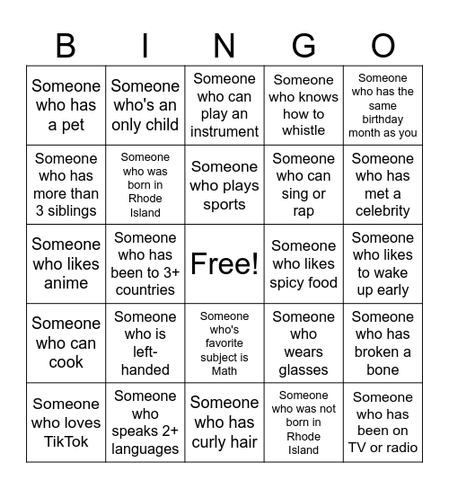 Ms. Small's Bingo Card