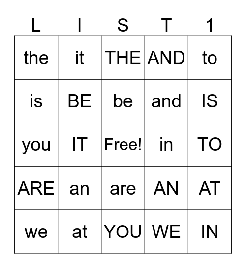 Sight Word List 1 Bingo Card