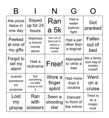 Never Have I Ever... Bingo Card