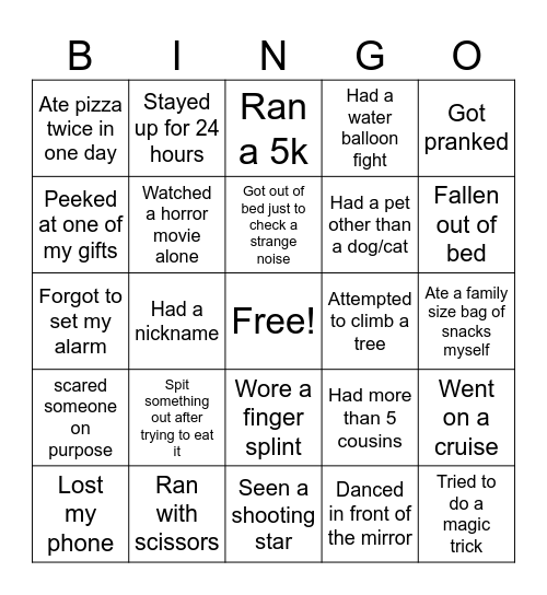 Never Have I Ever... Bingo Card