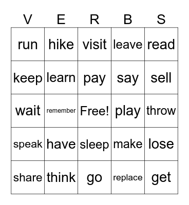 Verb Bingo! Bingo Card