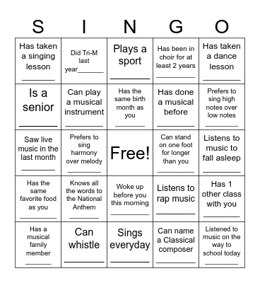 CCHS Singooooo Bingo Card