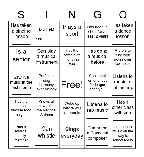 CCHS Singooooo Bingo Card