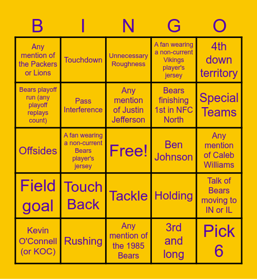 Vikings vs. Bears (2026-2027 season) Bingo Card
