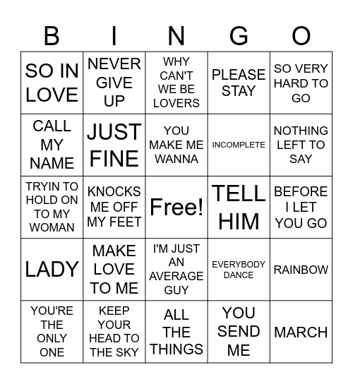 R&B BINGO - BLACKOUT Bingo Card