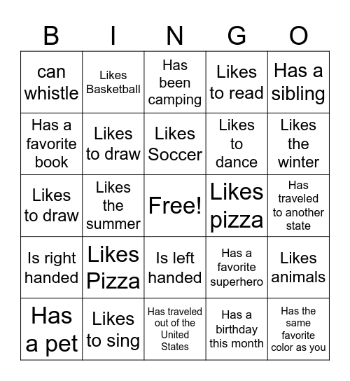 Get To Know You Bingo Card