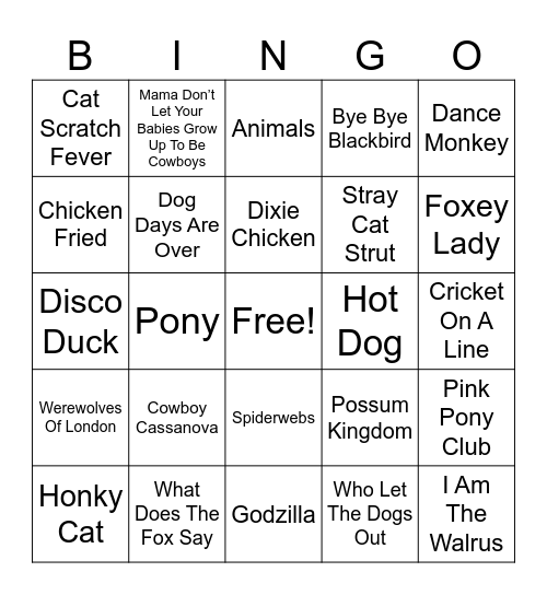 ANIMALS MUSIC Bingo Card