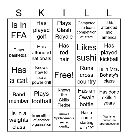 SkillsUSA First Meeting Bingo Card
