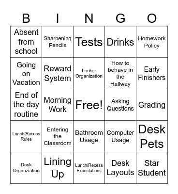 Classroom Rules and Expectations Bingo Card