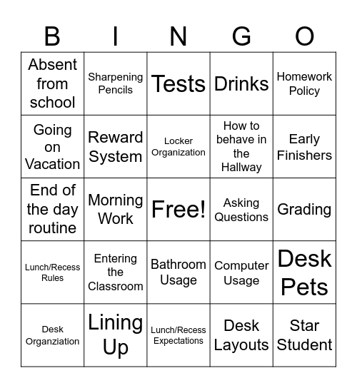 Classroom Rules and Expectations Bingo Card