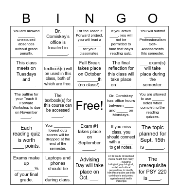 PSY 220 Syllabus Bingo Card