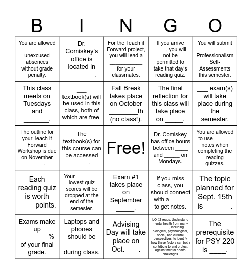PSY 220 Syllabus Bingo Card