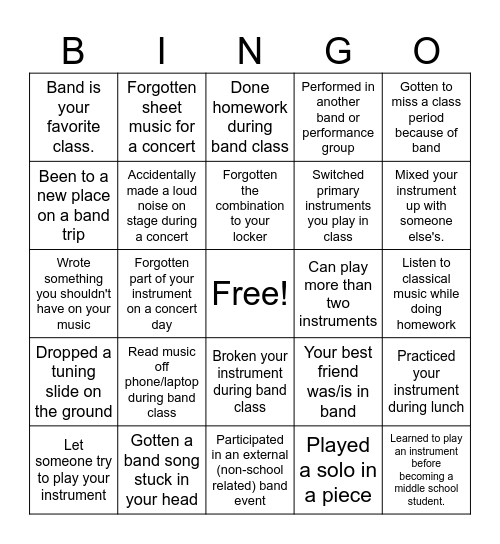 BMS Band Bingo (2026) Bingo Card
