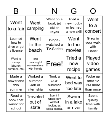 Summer 2026 Memories Bingo Card