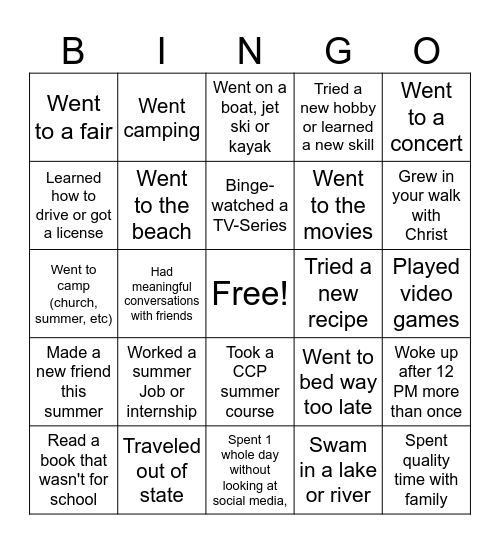 Summer 2026 Memories Bingo Card