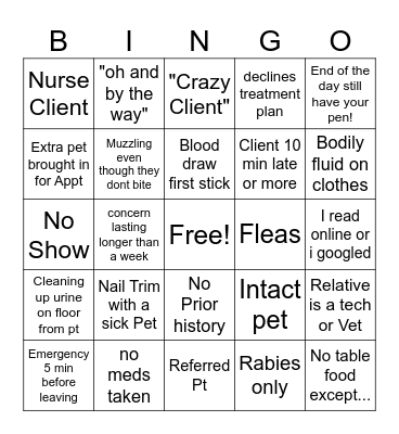 Vet Tech Bingo! Bingo Card