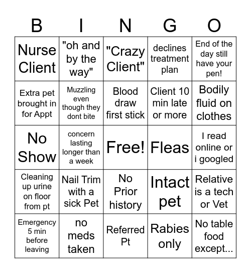 Vet Tech Bingo! Bingo Card