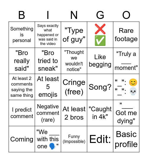 YouTube Shorts Comments Bingo Card