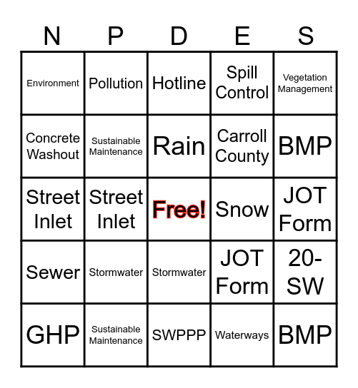 Stormwater Pollution Prevention Workshop Bingo Card