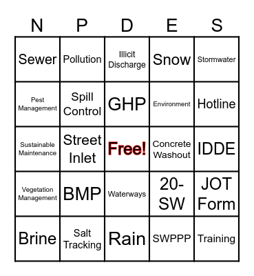 Stormwater Pollution Prevention Workshop Bingo Card