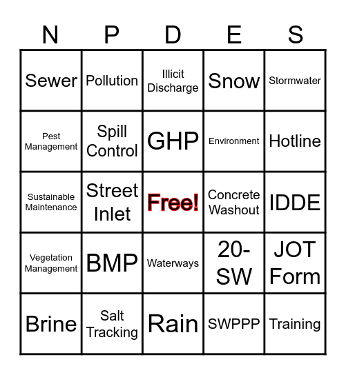 Stormwater Pollution Prevention Workshop Bingo Card