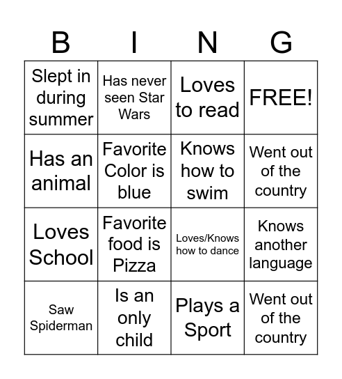 Summer/Get to know you! Bingo Card