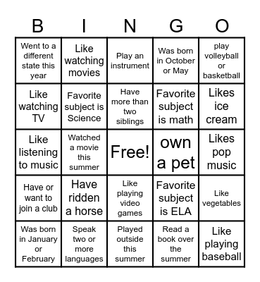 Some Facts About Me Bingo Card