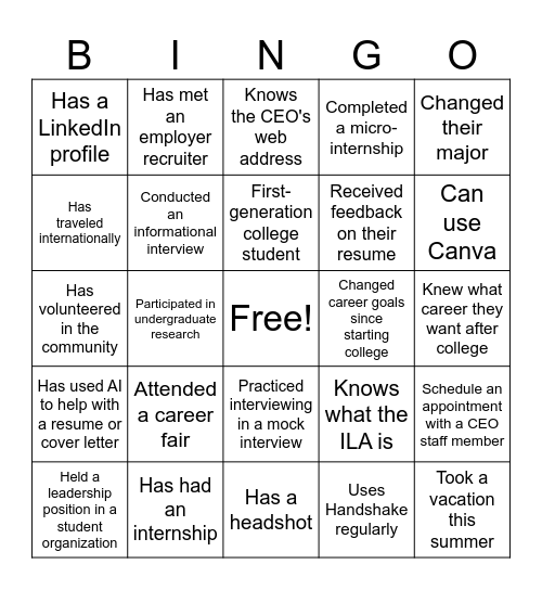 Career Education Office Staff Bingo Card