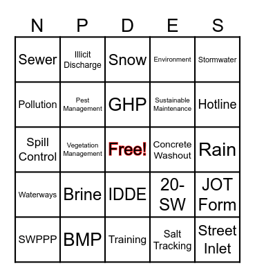 Stormwater Pollution Prevention Workshop Bingo Card