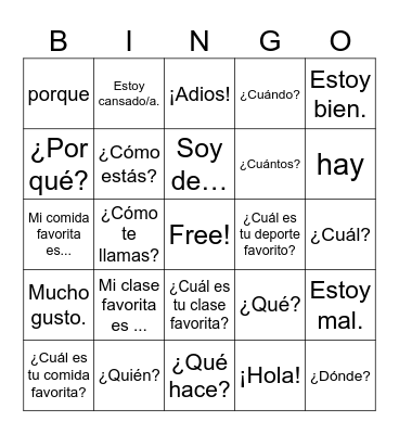 Vocabulario Bingo Card
