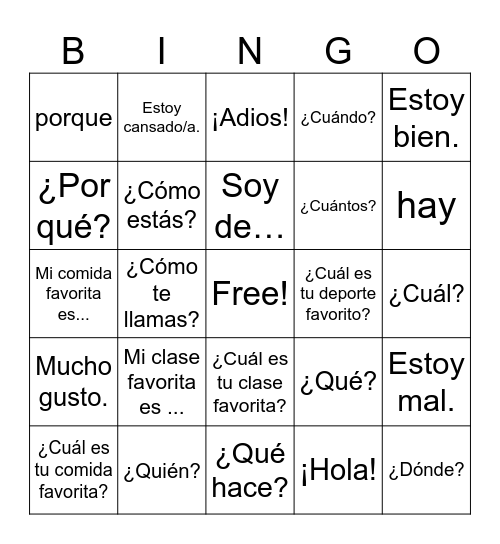 Vocabulario Bingo Card