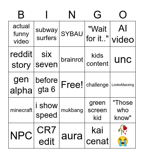 youtube shorts bingo Card