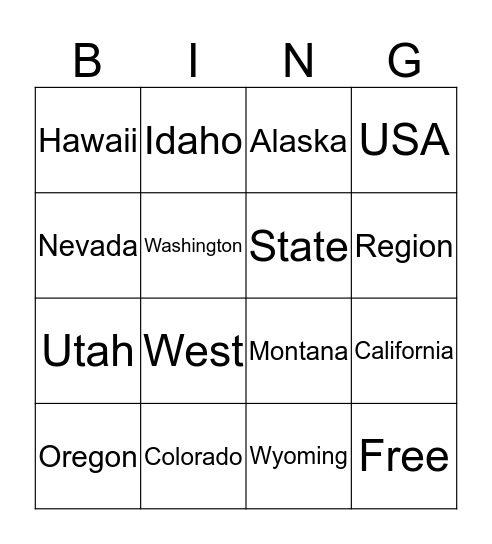 USA:  States in the WEST Bingo Card