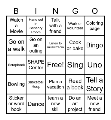 Activities when we're bored at CHOICE Bingo Card