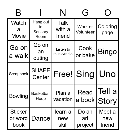 Activities when we're bored at CHOICE Bingo Card