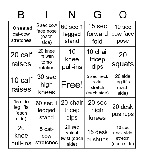 JG CUSTOMER SERVICE FITNESS BINGO Card