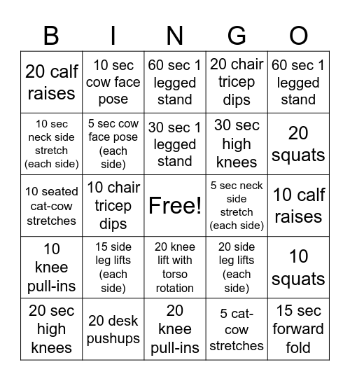 JG CUSTOMER SERVICE FITNESS BINGO Card